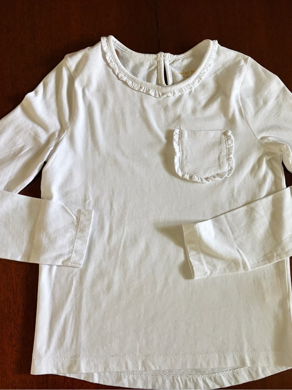 Mini Boden White Long-Sleeve Ruffle Pocket Tee